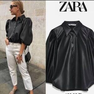 Zara Black Faux Leather Puff-Sleeve Button-Down Shirt